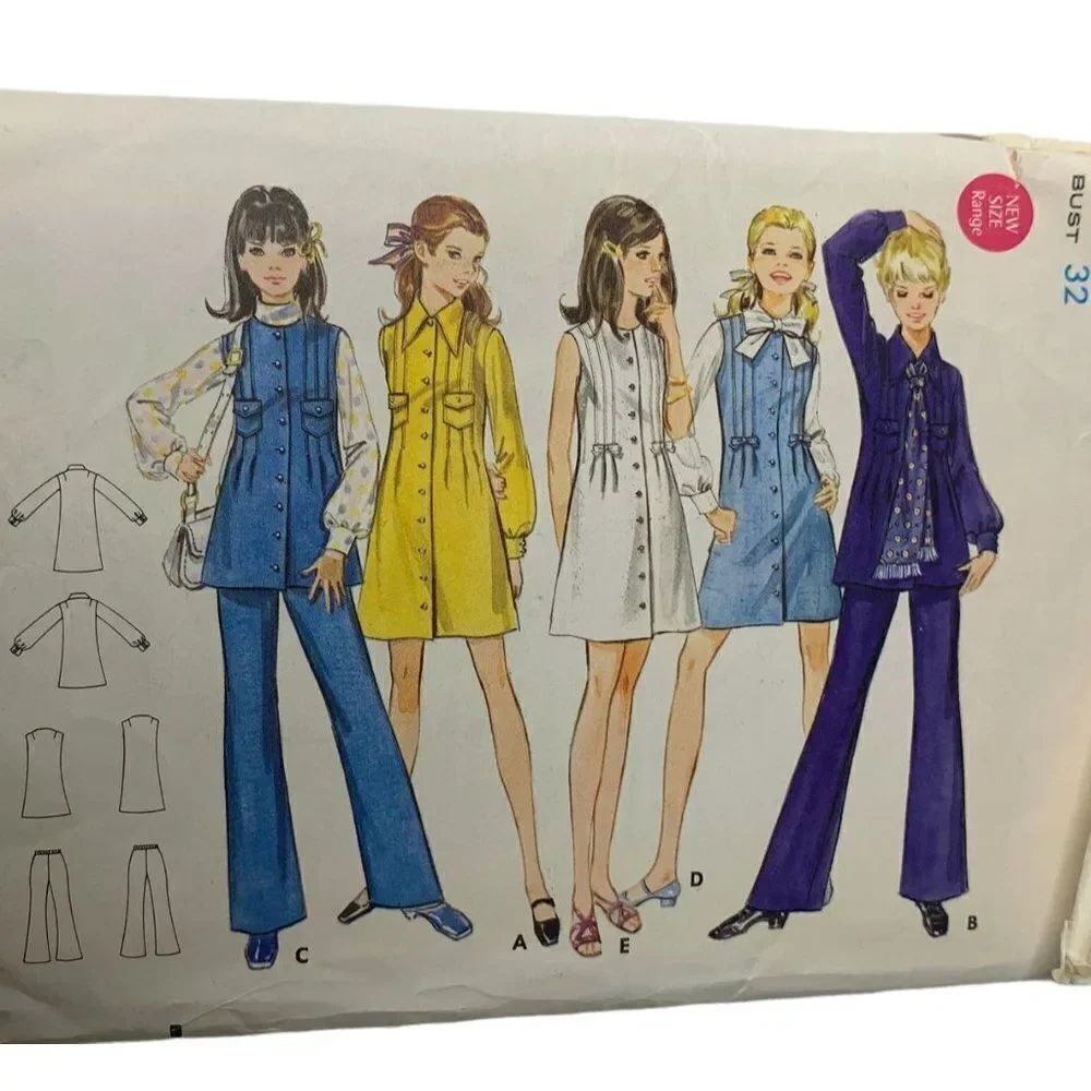 Vintage 70s Butterick 5646 Pattern Jr Teen 5-16 Dress Jumper Tunic Pants Cut